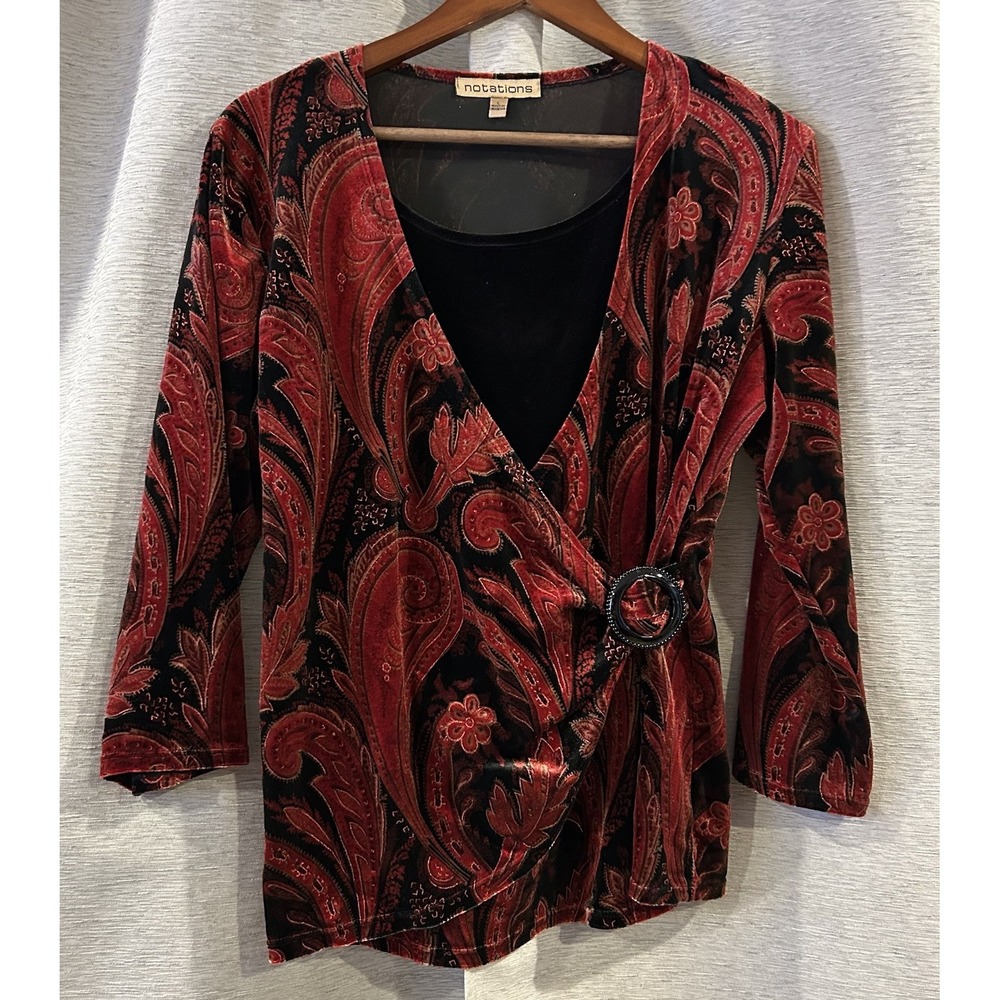 Vintage Womens  Whimsigoth Velvet Faux Wrap Top Size L Dark Romantic Paisley‎